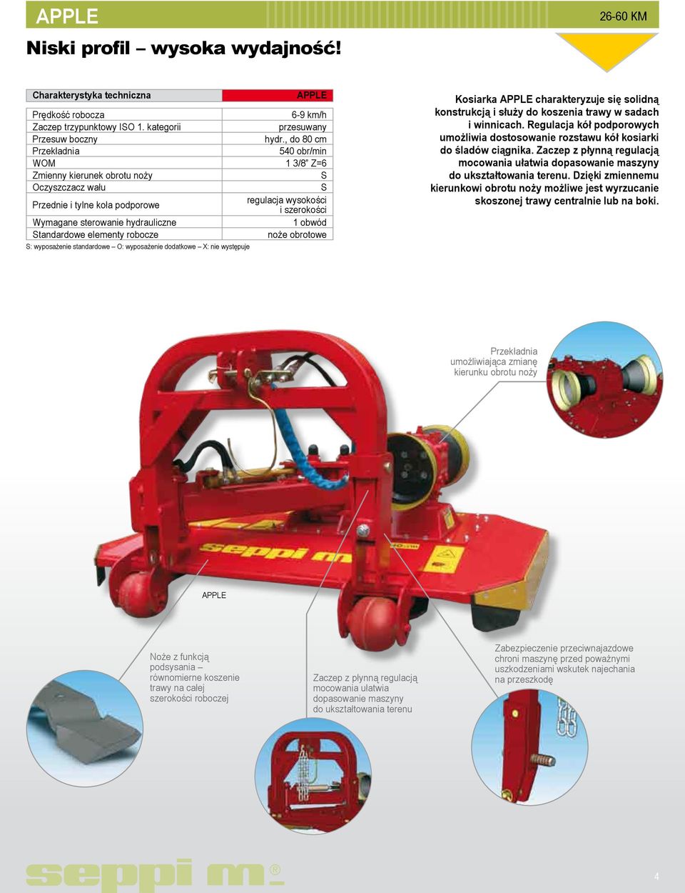 obwód Standardowe elementy robocze noże obrotowe S: wyposażenie standardowe O: wyposażenie dodatkowe X: nie występuje Kosiarka APPLE charakteryzuje się solidną konstrukcją i służy do koszenia trawy w