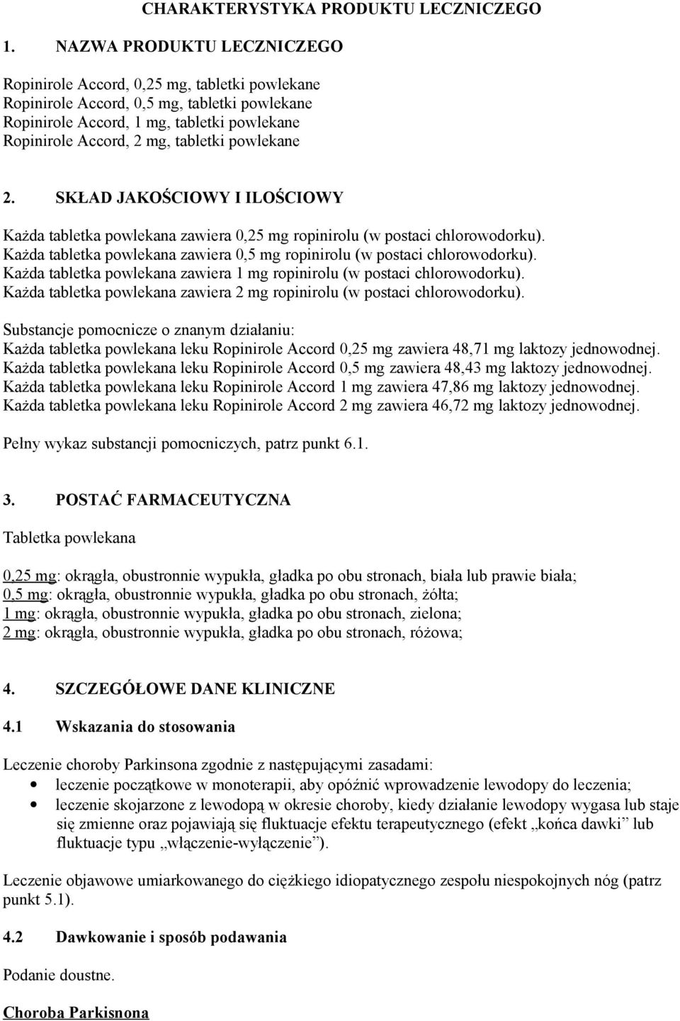 powlekane 2. SKŁAD JAKOŚCIOWY I ILOŚCIOWY Każda tabletka powlekana zawiera 0,25 mg ropinirolu (w postaci chlorowodorku). Każda tabletka powlekana zawiera 0,5 mg ropinirolu (w postaci chlorowodorku).
