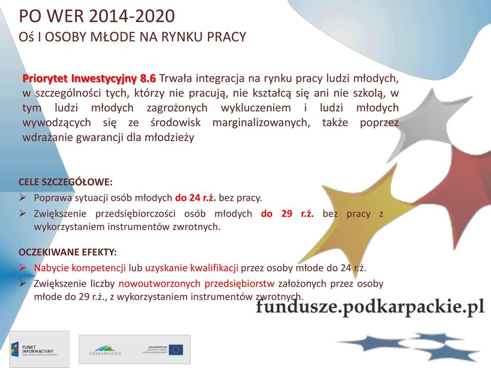 wywodzących się ze środowisk marginalizowanych, także poprzez wdrażanie gwarancji dla młodzieży CELE SZCZEGÓŁOWE: Poprawa sytuacji osób młodych do 24 r.ż. bez pracy.