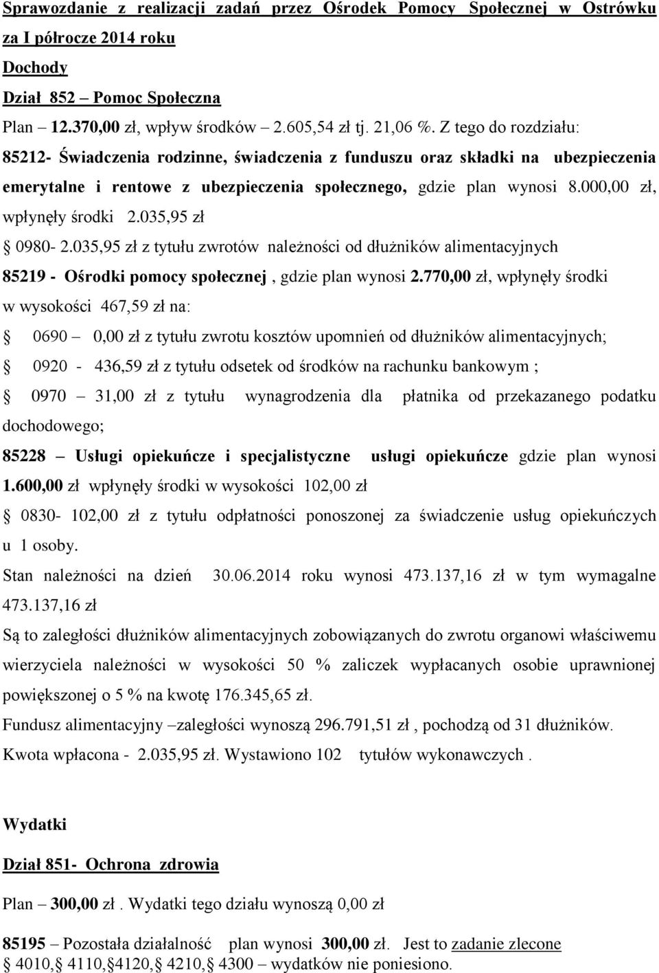 000,00 zł, wpłynęły środki 2.035,95 zł 0980-2.035,95 zł z tytułu zwrotów należności od dłużników alimentacyjnych 85219 - Ośrodki pomocy społecznej, gdzie plan wynosi 2.