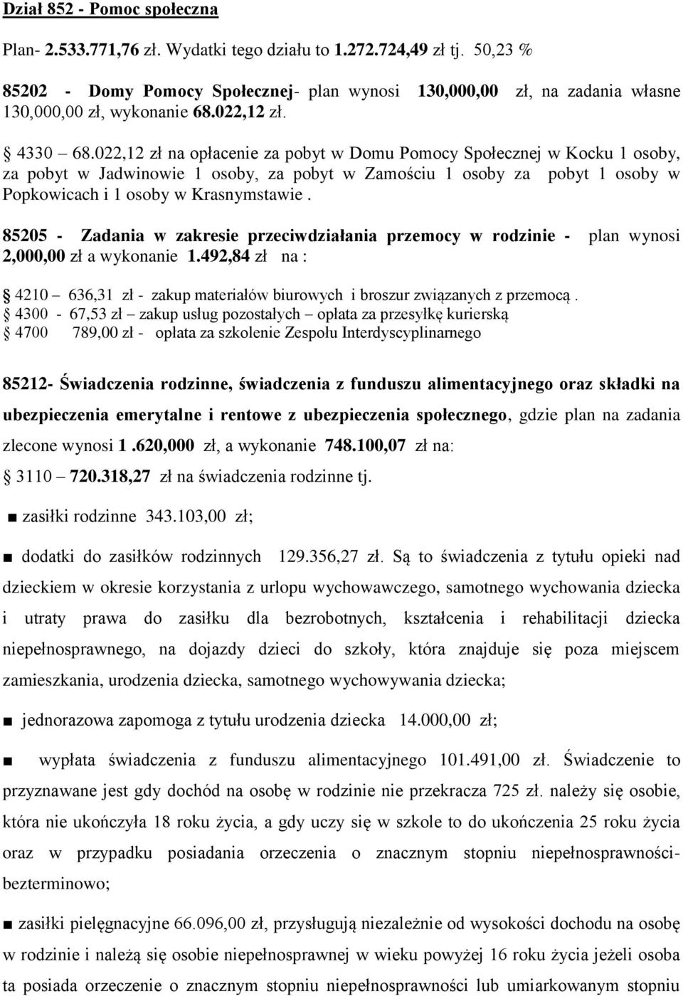 022,12 zł na opłacenie za pobyt w Domu Pomocy Społecznej w Kocku 1 osoby, za pobyt w Jadwinowie 1 osoby, za pobyt w Zamościu 1 osoby za pobyt 1 osoby w Popkowicach i 1 osoby w Krasnymstawie.