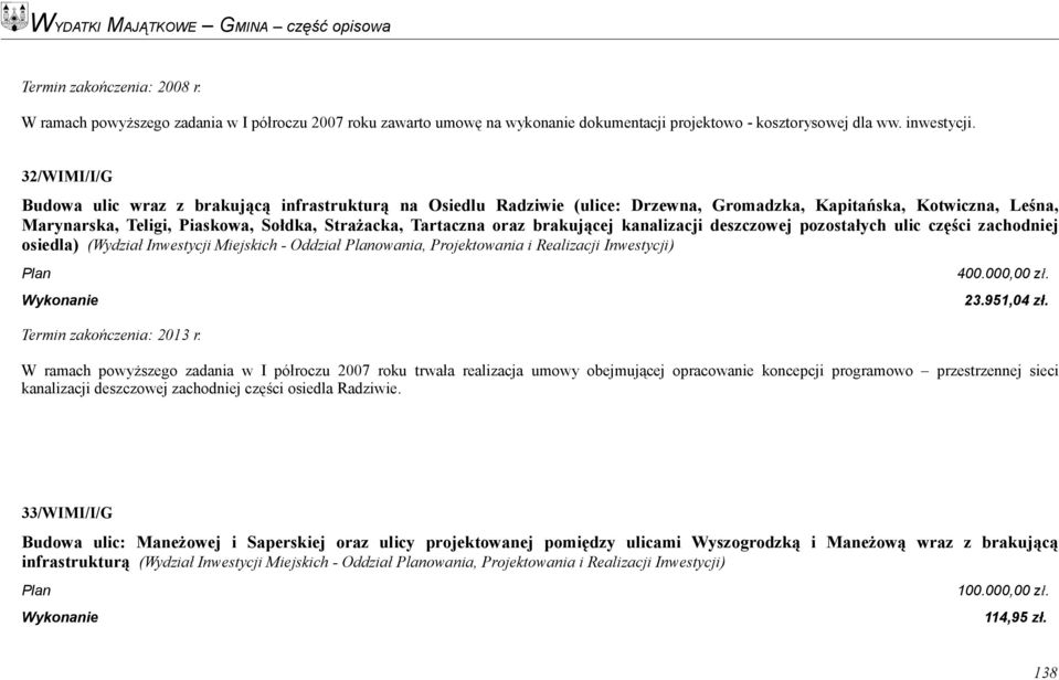 brakującej kanalizacji deszczowej pozostałych ulic części zachodniej osiedla) (Wydział Inwestycji Miejskich - Oddział owania, Projektowania i Realizacji Inwestycji) Termin zakończenia: 2013 r. 400.