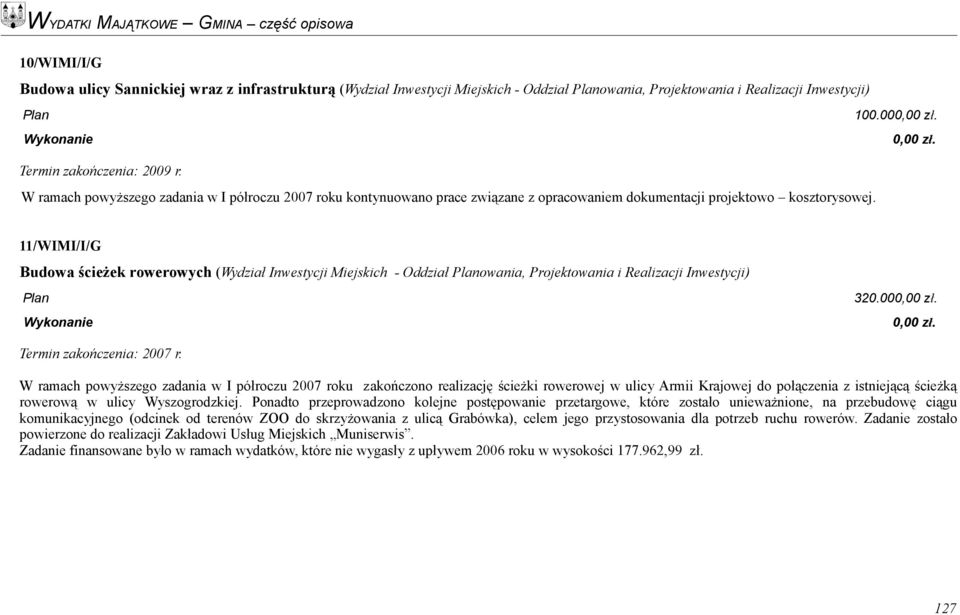 11/WIMI/I/G Budowa ścieżek rowerowych (Wydział Inwestycji Miejskich - Oddział owania, Projektowania i Realizacji Inwestycji) 320.00 Termin zakończenia: 2007 r.