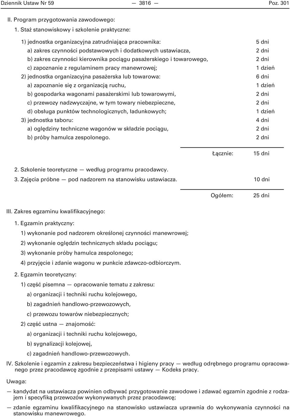 pociągu pasażerskiego i towarowego, 2 dni c) zapoznanie z regulaminem pracy manewrowej; 1 dzień 2) jednostka organizacyjna pasażerska lub towarowa: 6 dni a) zapoznanie się z organizacją ruchu, 1