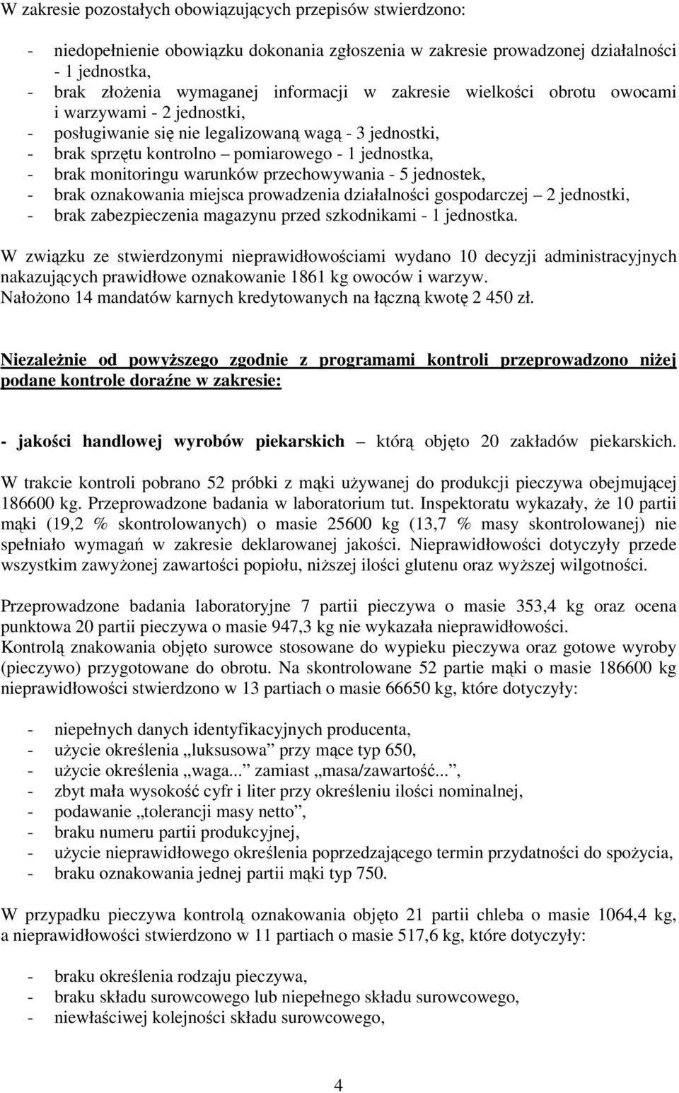 przechowywania - 5 jednostek, - brak oznakowania miejsca prowadzenia działalności gospodarczej 2 jednostki, - brak zabezpieczenia magazynu przed szkodnikami - 1 jednostka.