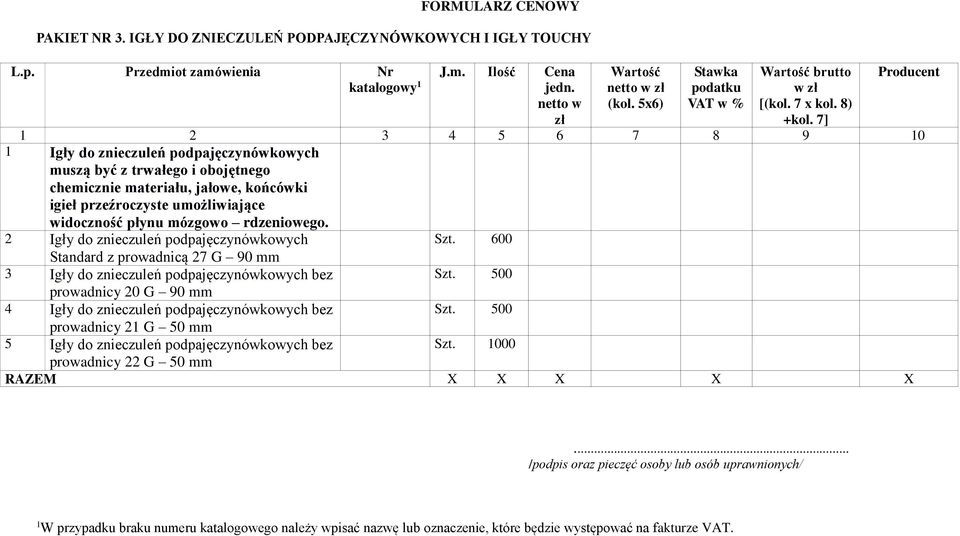 płynu mózgowo rdzeniowego. 2 Igły do znieczuleń podpajęczynówkowych Standard z prowadnicą 27 G 90 mm Szt. 600 3 Igły do znieczuleń podpajęczynówkowych bez Szt.