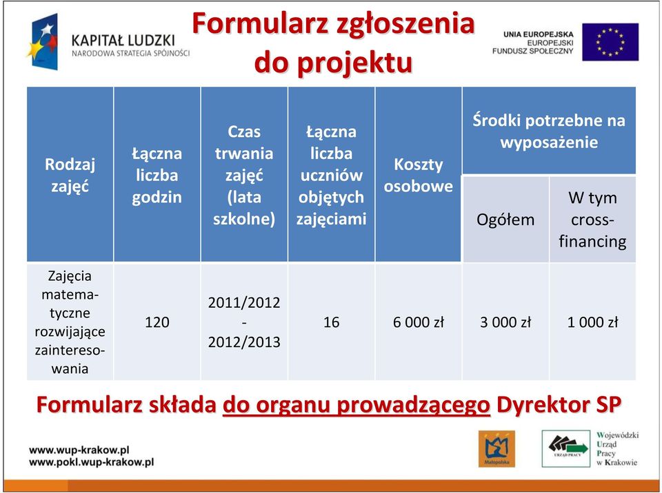 wyposażenie Ogółem W tym crossfinancing Zajęcia matematyczne rozwijające zainteresowania 120