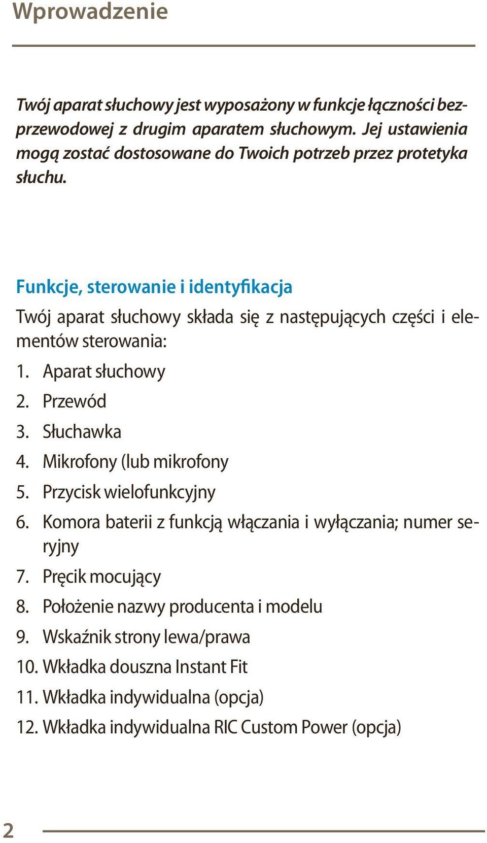 Funkcje, sterowanie i identyfikacja Twój aparat słuchowy składa się z następujących części i elementów sterowania: 1. Aparat słuchowy 2. Przewód 3. Słuchawka 4.