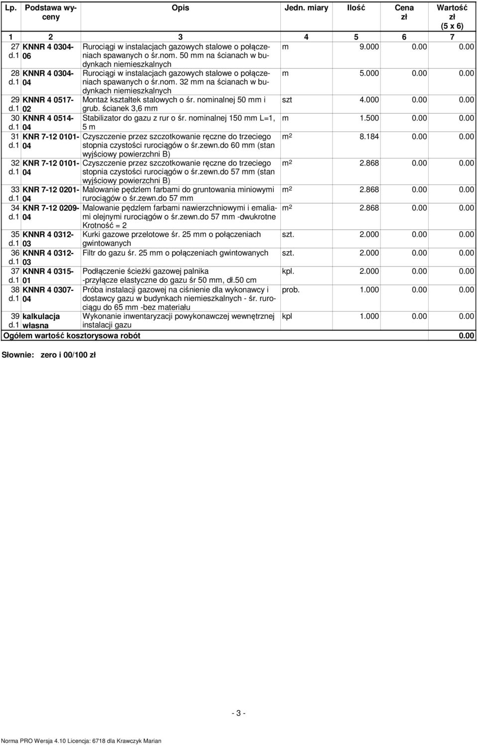 00 0.00 28 KNNR 4 0304-29 KNNR 4 0517-30 KNNR 4 0514-31 KNR 7-12 0101-32 KNR 7-12 0101- dynkach niemieszkalnych Rurociągi w instalacjach gazowych stalowe o połączeniach spawanych o śr.nom.