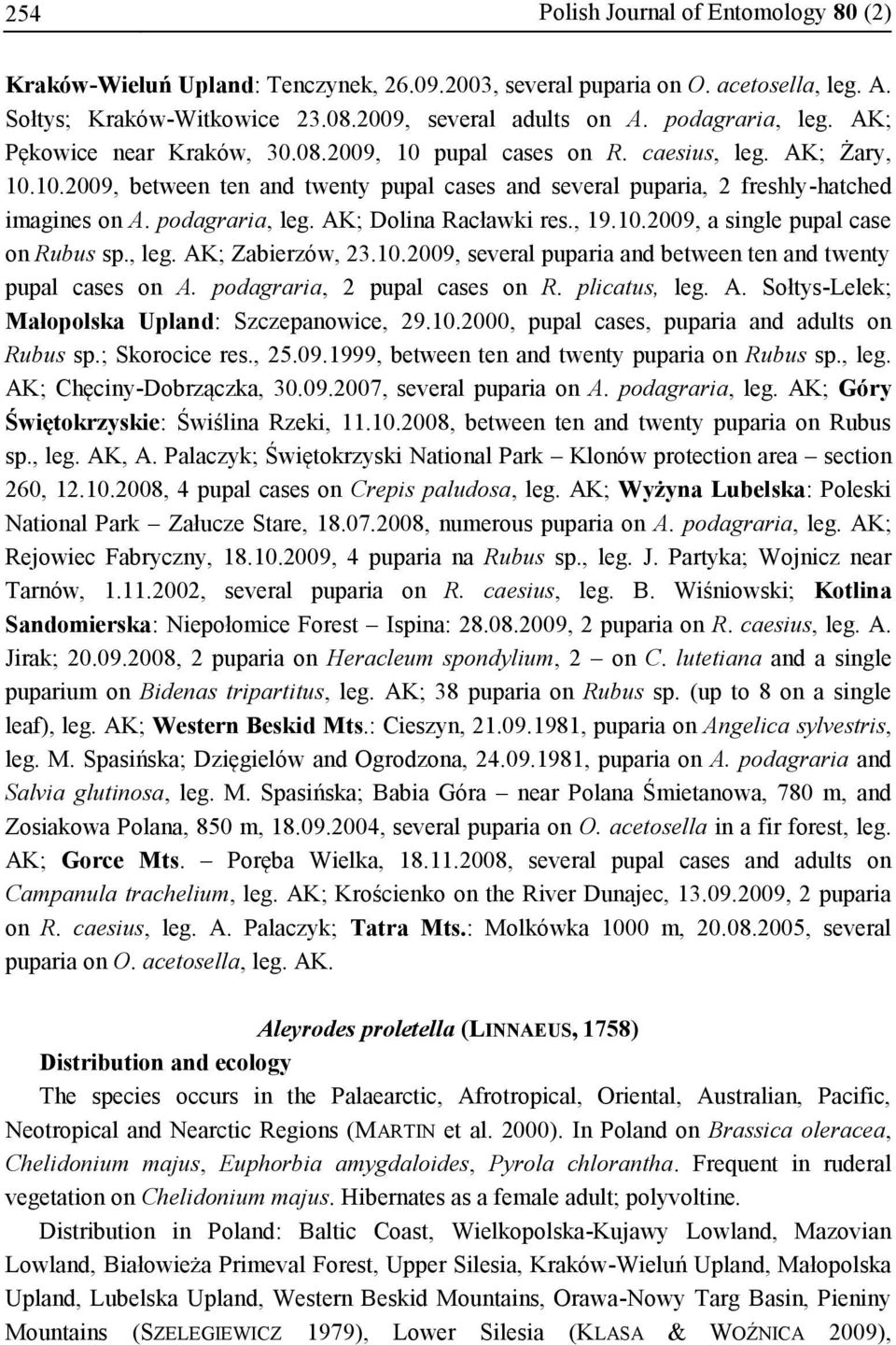 podagraria, leg. AK; Dolina Racławki res., 19.10.2009, a single pupal case on Rubus sp., leg. AK; Zabierzów, 23.10.2009, several puparia and between ten and twenty pupal cases on A.