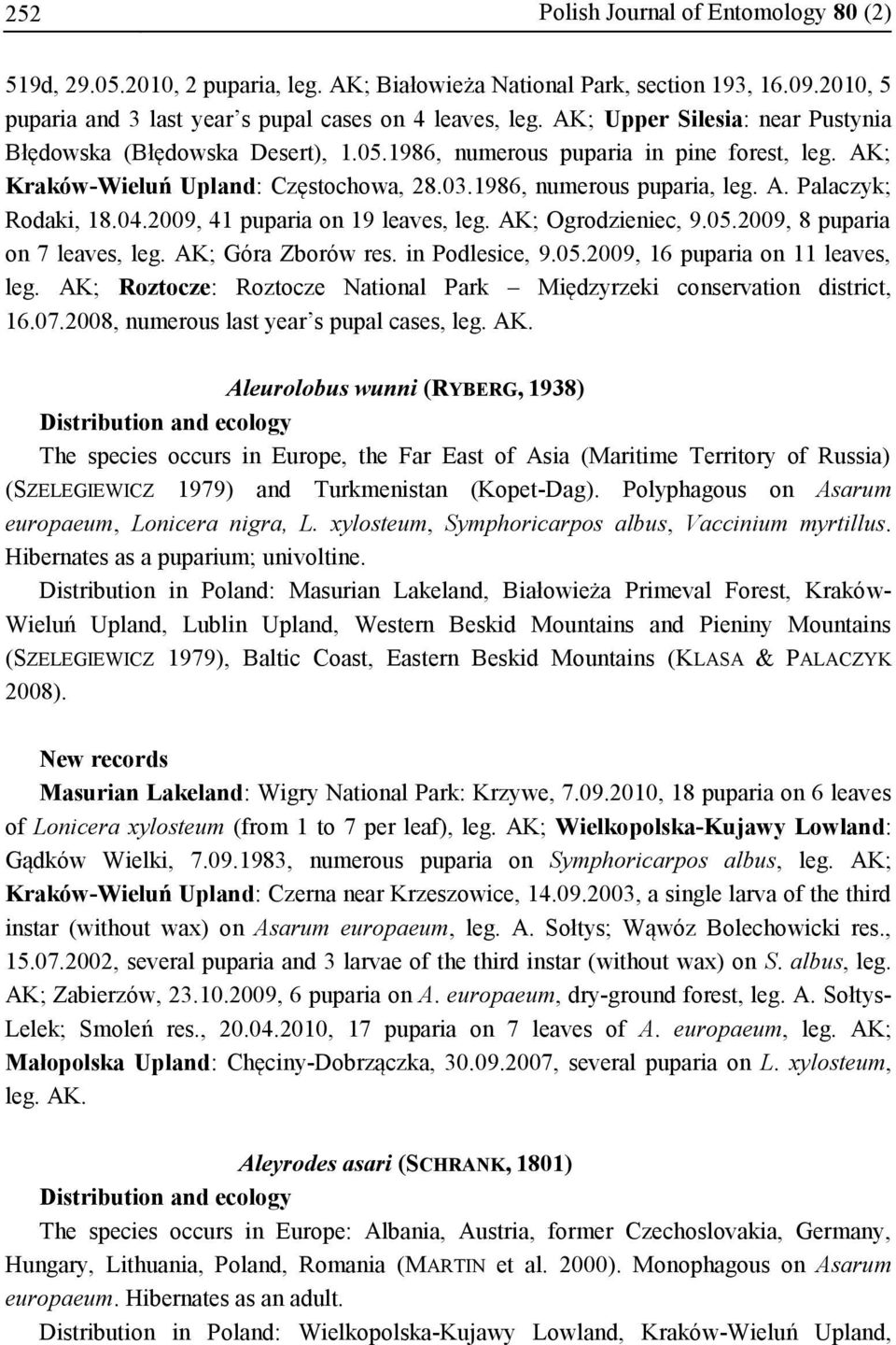 04.2009, 41 puparia on 19 leaves, leg. AK; Ogrodzieniec, 9.05.2009, 8 puparia on 7 leaves, leg. AK; Góra Zborów res. in Podlesice, 9.05.2009, 16 puparia on 11 leaves, leg.