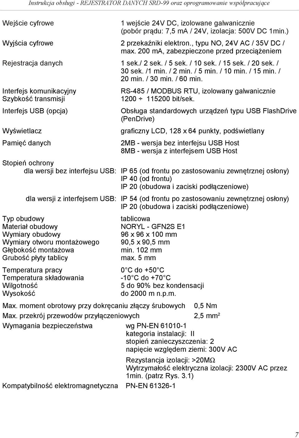 Interfejs komunikacyjny Szybkość transmisji Interfejs USB (opcja) Wyświetlacz Pamięć danych RS-485 / MODBUS RTU, izolowany galwanicznie 1200 115200 bit/sek.