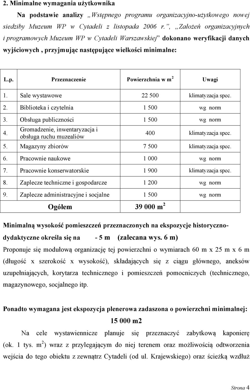 Sale wystawowe 22 500 klimatyzacja spec. 2. Biblioteka i czytelnia 1 500 wg norm 3. Obsługa publiczności 1 500 wg norm 4. Gromadzenie, inwentaryzacja i obsługa ruchu muzealiów 400 klimatyzacja spec.