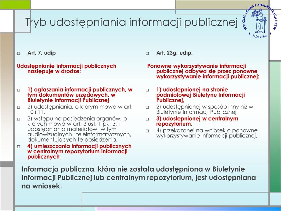 Udostępnianie informacji publicznych następuje w drodze: Ponowne wykorzystywanie informacji publicznej odbywa się przez ponowne wykorzystywanie informacji publicznej: 1) ogłaszania informacji