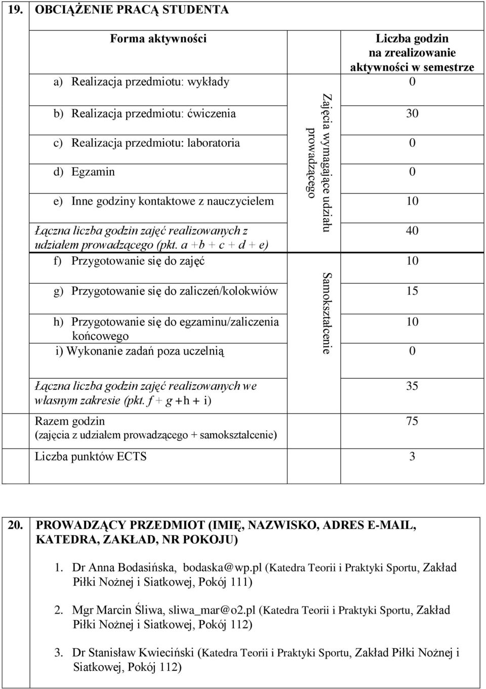 0 d) Egzamin 0 e) Inne godziny kontaktowe z nauczycielem 10 Łączna liczba godzin zajęć realizowanych z udziałem prowadzącego (pkt.