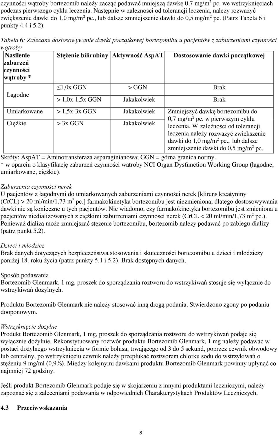 Tabela 6: Zalecane dostosowywanie dawki początkowej bortezomibu u pacjentów z zaburzeniami czynności wątroby Nasilenie Stężenie bilirubiny Aktywność AspAT Dostosowanie dawki początkowej zaburzeń
