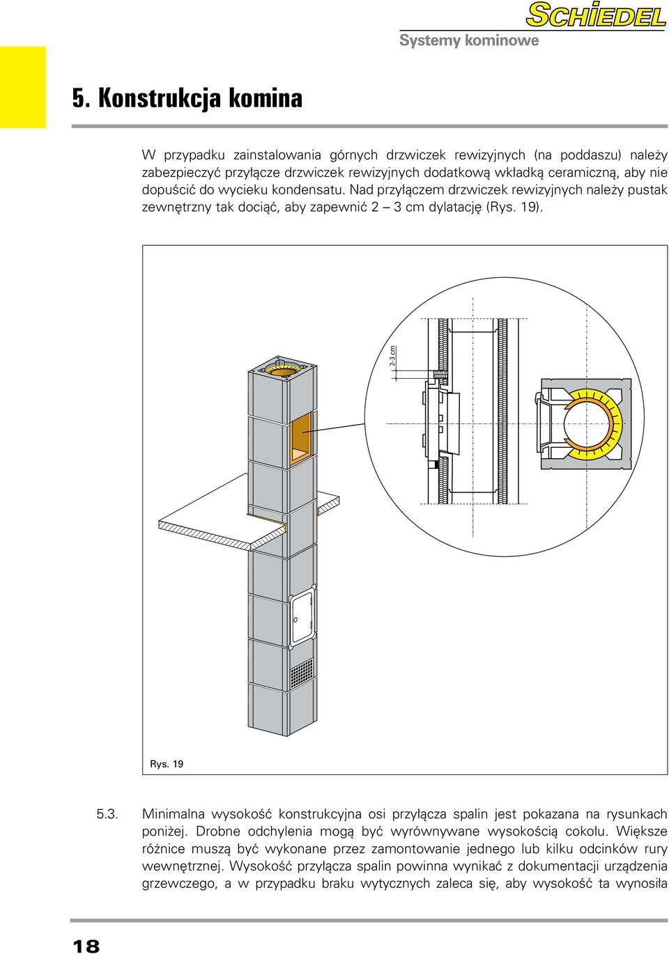 cm dylatację (Rys. 19). 2-3 cm 2-3 cm Rys. 19 5.3. Minimalna wysokość konstrukcyjna osi przyłącza spalin jest pokazana na rysunkach poniżej.