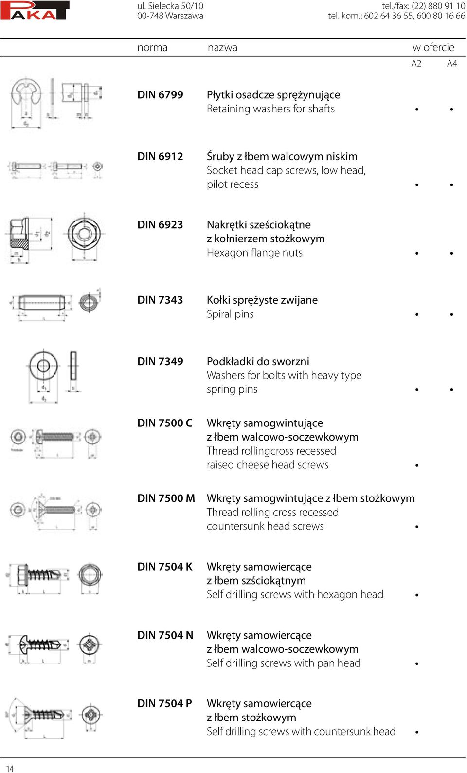 sześciokątne z kołnierzem stożkowym Hexagon flange nuts DIN 7343 Kołki sprężyste zwijane Spiral pins DIN 7349 Podkładki do sworzni Washers for bolts with heavy type spring pins DIN 7500 C Wkręty