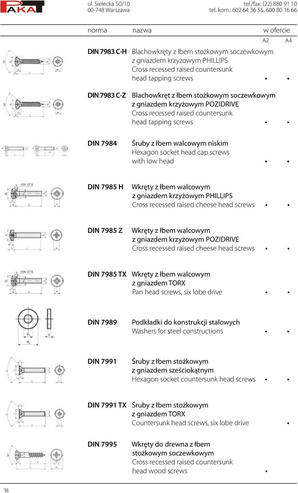 stożkowym soczewkowym z gniazdem krzyżowym POZIDRIVE Cross recessed raised countersunk head tapping screws DIN 7984 Śruby z łbem walcowym niskim Hexagon socket head cap screws with Iow head DIN 7985