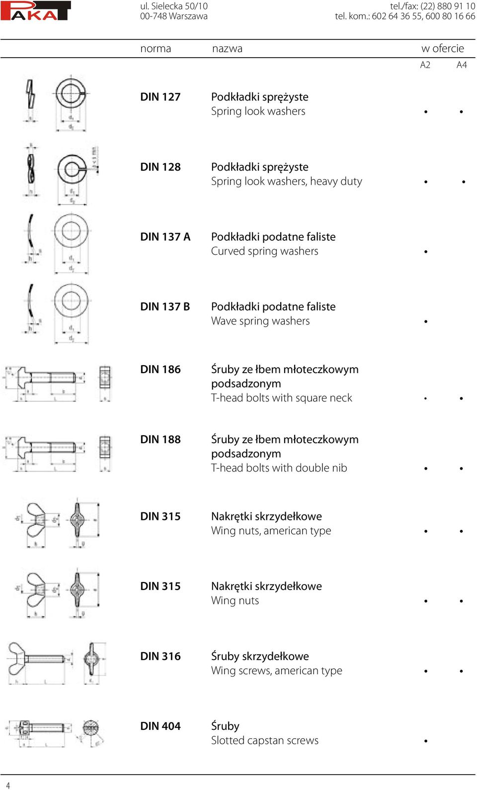 podatne faliste Curved spring washers DIN 137 B Podkładki podatne faliste Wave spring washers DIN 186 Śruby ze łbem młoteczkowym podsadzonym T-head