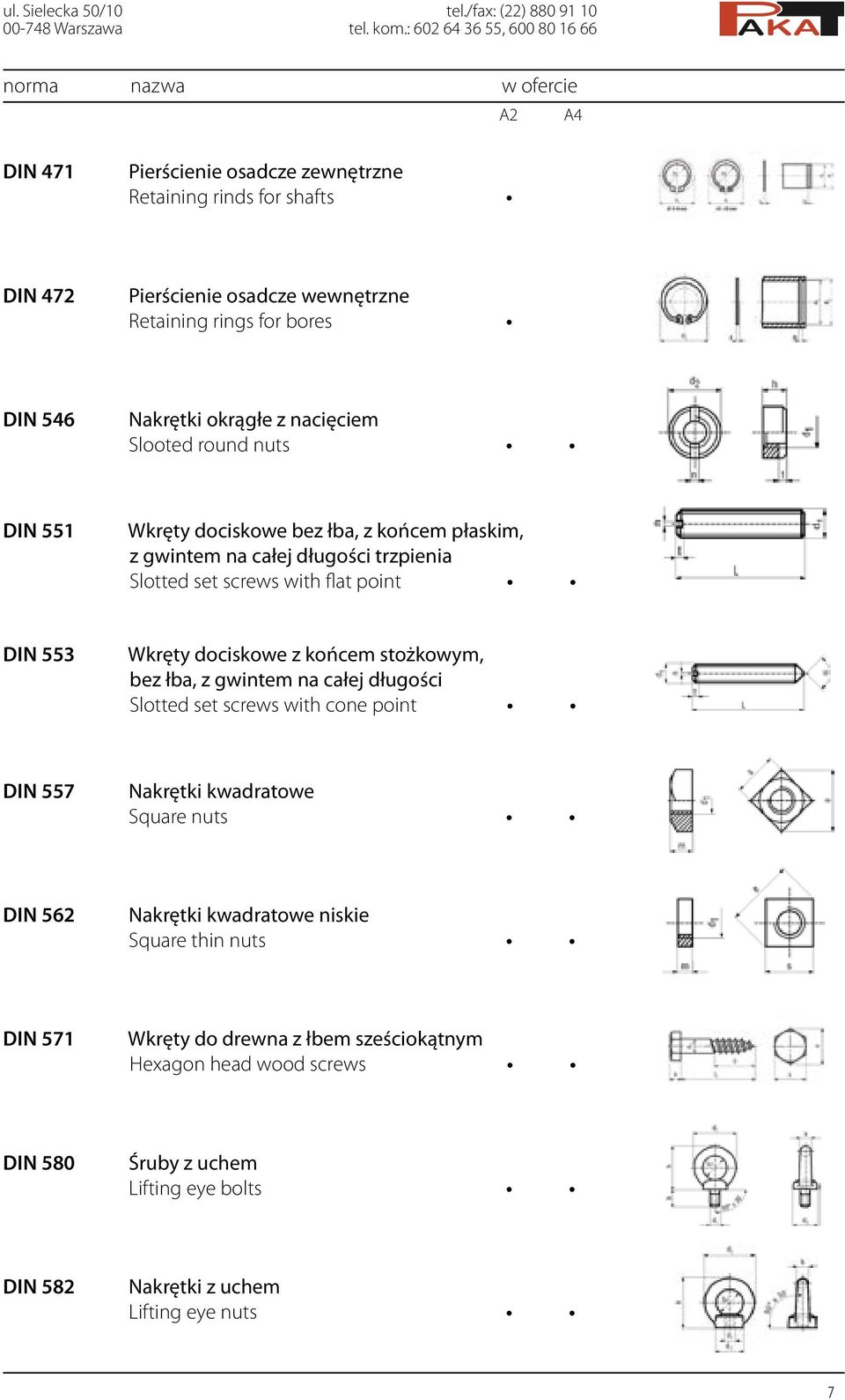 nacięciem Slooted round nuts DIN 551 Wkręty dociskowe bez łba, z końcem płaskim, z gwintem na całej długości trzpienia Slotted set screws with flat point DIN 553 Wkręty dociskowe