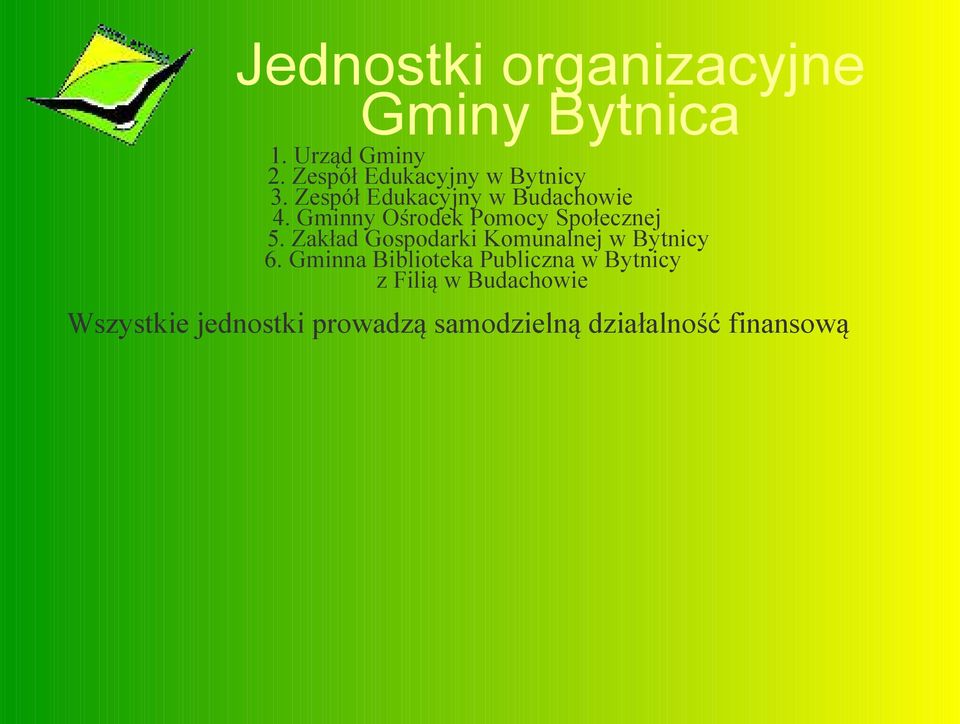 Gminny Ośrodek Pomocy Społecznej 5. Zakład Gospodarki Komunalnej w Bytnicy 6.