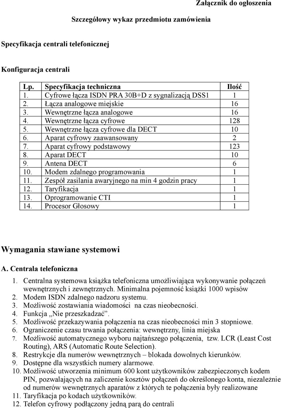 Aparat cyfrowy zaawansowany 2 7. Aparat cyfrowy podstawowy 123 8. Aparat DECT 10 9. Antena DECT 6 10. Modem zdalnego programowania 1 11. Zespół zasilania awaryjnego na min 4 godzin pracy 1 12.