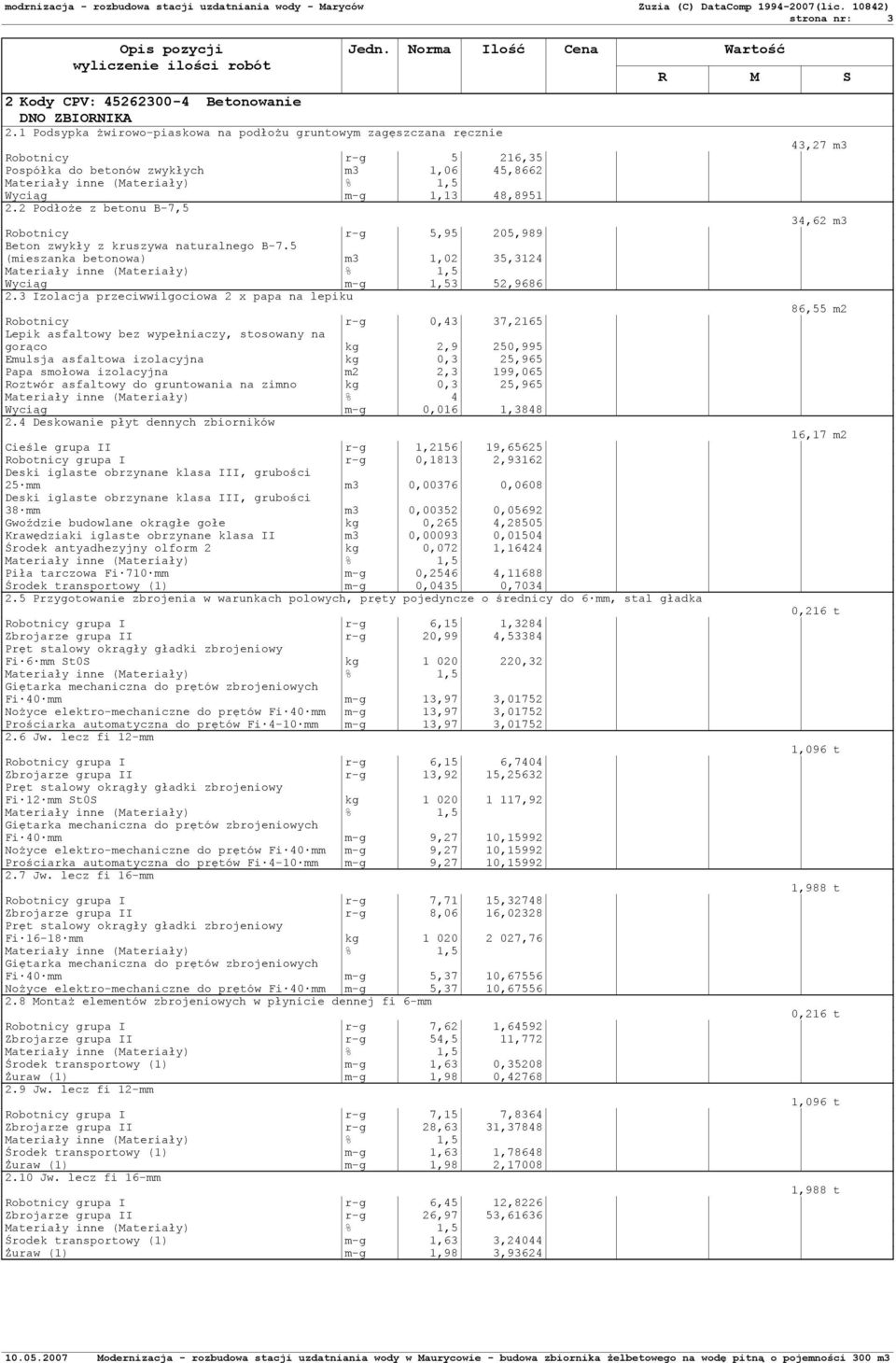 2 Podłoże z betonu B-7,5 Robotnicy r-g 5,95 205,989 Beton zwykły z kruszywa naturalnego B-7.5 (mieszanka betonowa) m3 1,02 35,3124 Wyciąg m-g 1,53 52,9686 2.