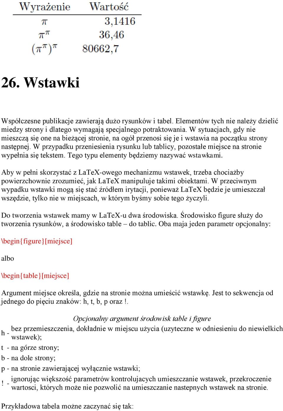 W przypadku przeniesienia rysunku lub tablicy, pozostałe miejsce na stronie wypełnia się tekstem. Tego typu elementy będziemy nazywać wstawkami.