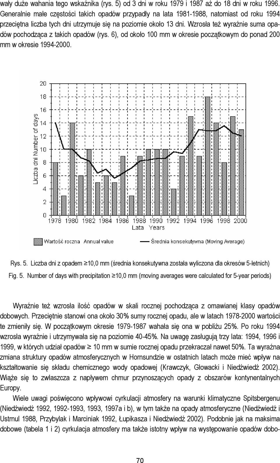 Wzrosła też wyraźnie suma opadów pochodząca z takich opadów (rys. 6), od około 100 mm w okresie początkowym do ponad 200 mm w okresie 1994-2000. Rys. 5.