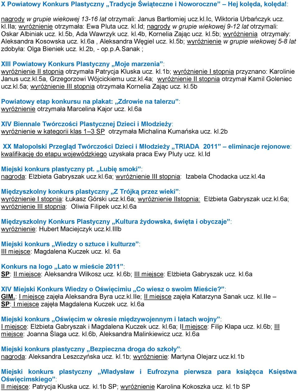 kl.6a, Aleksandra Węgiel ucz. kl.5b; wyróżnienie w grupie wiekowej 5-8 lat zdobyła: Olga Bieniek ucz. kl.2b, - op.p.a.sanak ; XIII Powiatowy Konkurs Plastyczny Moje marzenia : wyróżnienie II stopnia otrzymała Patrycja Kluska ucz.