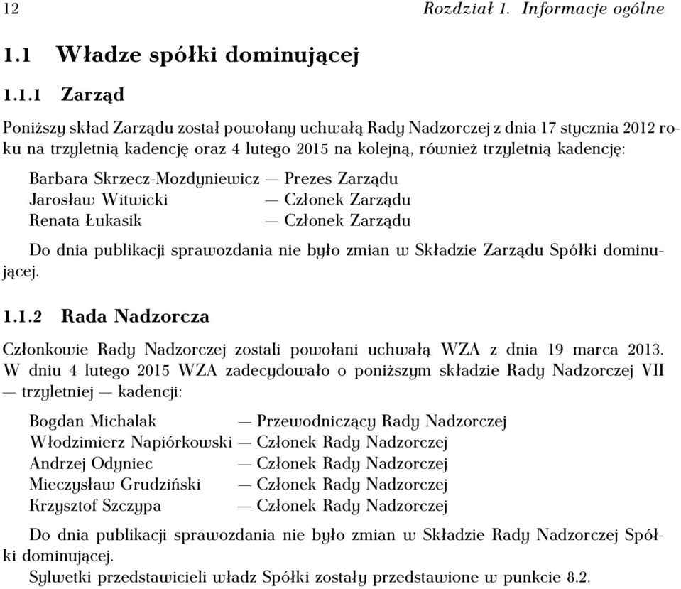 było zmian w Składzie Zarządu Spółki dominującej. 1.1.2 Rada Nadzorcza Członkowie Rady Nadzorczej zostali powołani uchwałą WZA z dnia 19 marca 2013.