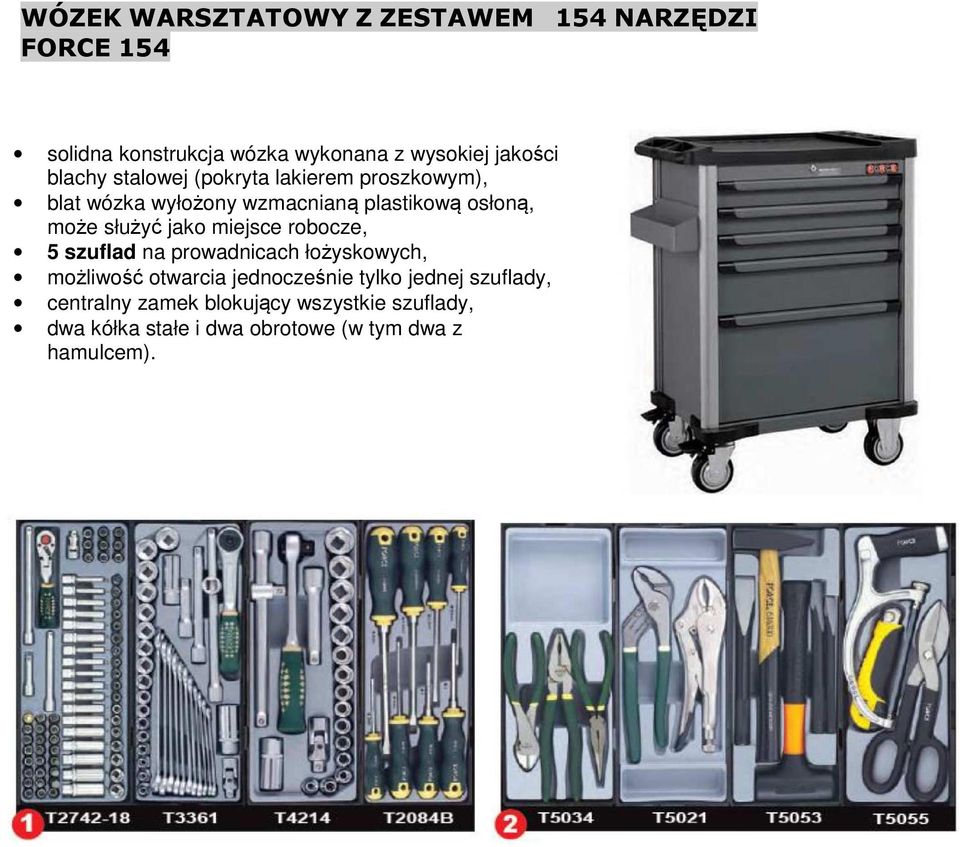 plastikową osłoną, może służyć jako miejsce robocze, 5 szuflad na prowadnicach łożyskowych,