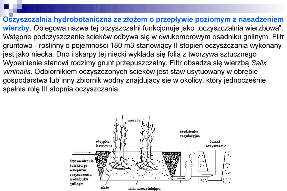 Filtr gruntowo - roślinny o pojemności 180 m3 stanowiący II stopień oczyszczania wykonany jest jako niecka.
