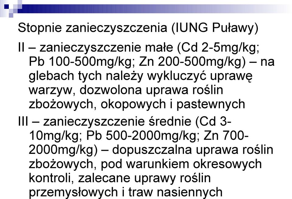 i pastewnych III zanieczyszczenie średnie (Cd 3-10mg/kg; Pb 500-2000mg/kg; Zn 700-2000mg/kg) dopuszczalna
