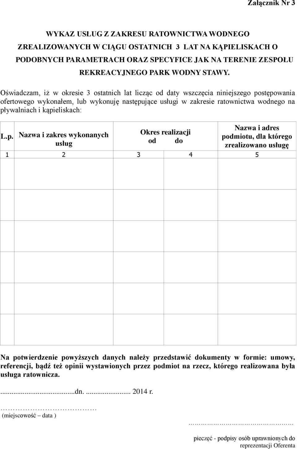 Oświadczam, iż w okresie 3 ostatnich lat licząc od daty wszczęcia niniejszego postępowania ofertowego wykonałem, lub wykonuję następujące usługi w zakresie ratownictwa wodnego na pływalniach i