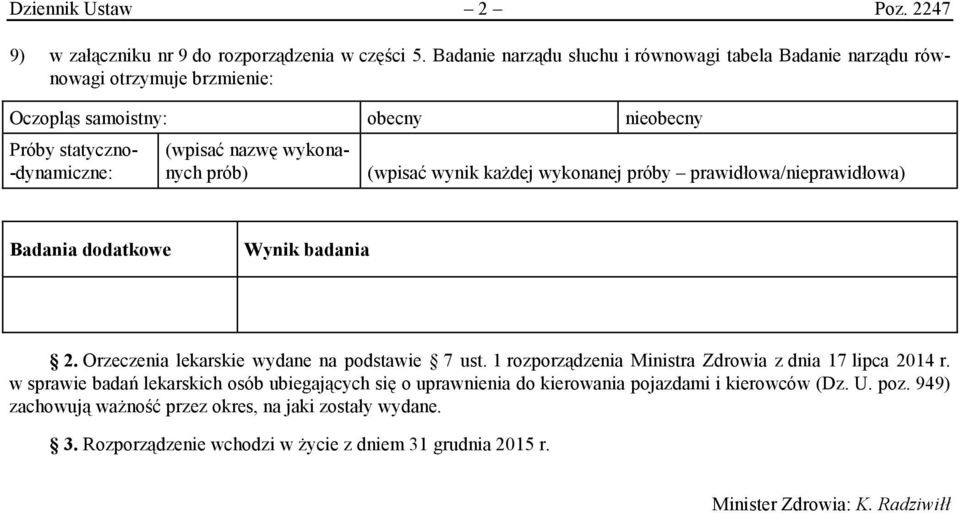 prób) (wpisać wynik każdej wykonanej próby prawidłowa/nieprawidłowa) Badania dodatkowe Wynik badania 2. Orzeczenia lekarskie wydane na podstawie 7 ust.