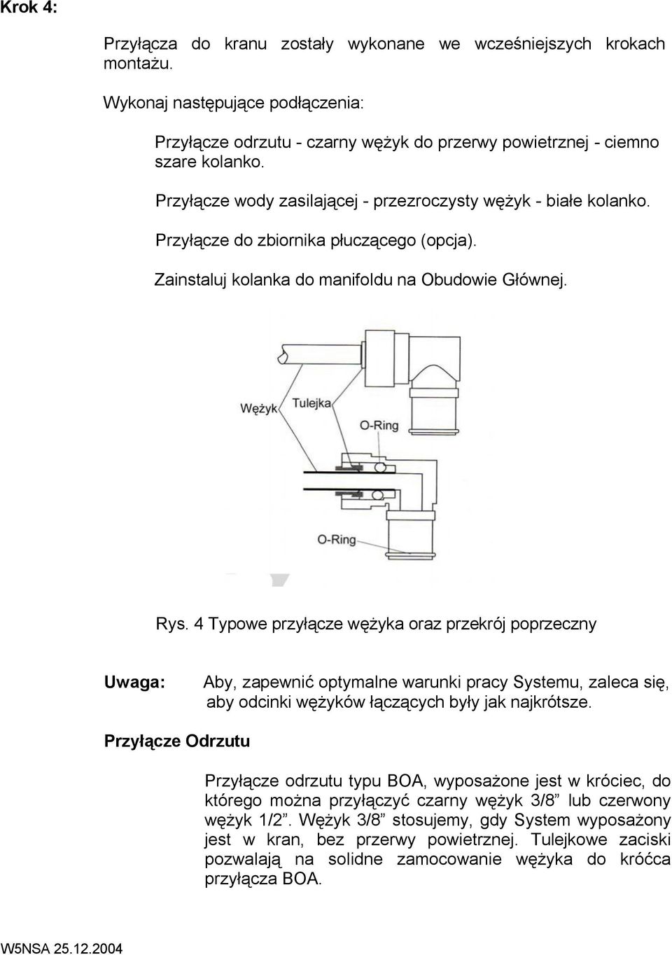 4 Typowe przyłącze wężyka oraz przekrój poprzeczny Uwaga: Aby, zapewnić optymalne warunki pracy Systemu, zaleca się, aby odcinki wężyków łączących były jak najkrótsze.