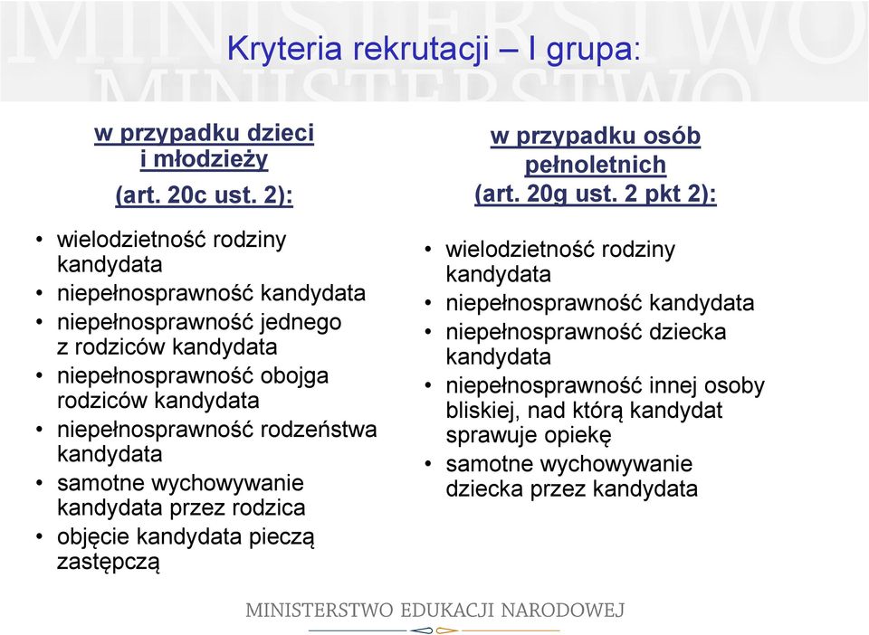 niepełnosprawność rodzeństwa kandydata samotne wychowywanie kandydata przez rodzica objęcie kandydata pieczą zastępczą w przypadku osób pełnoletnich (art.