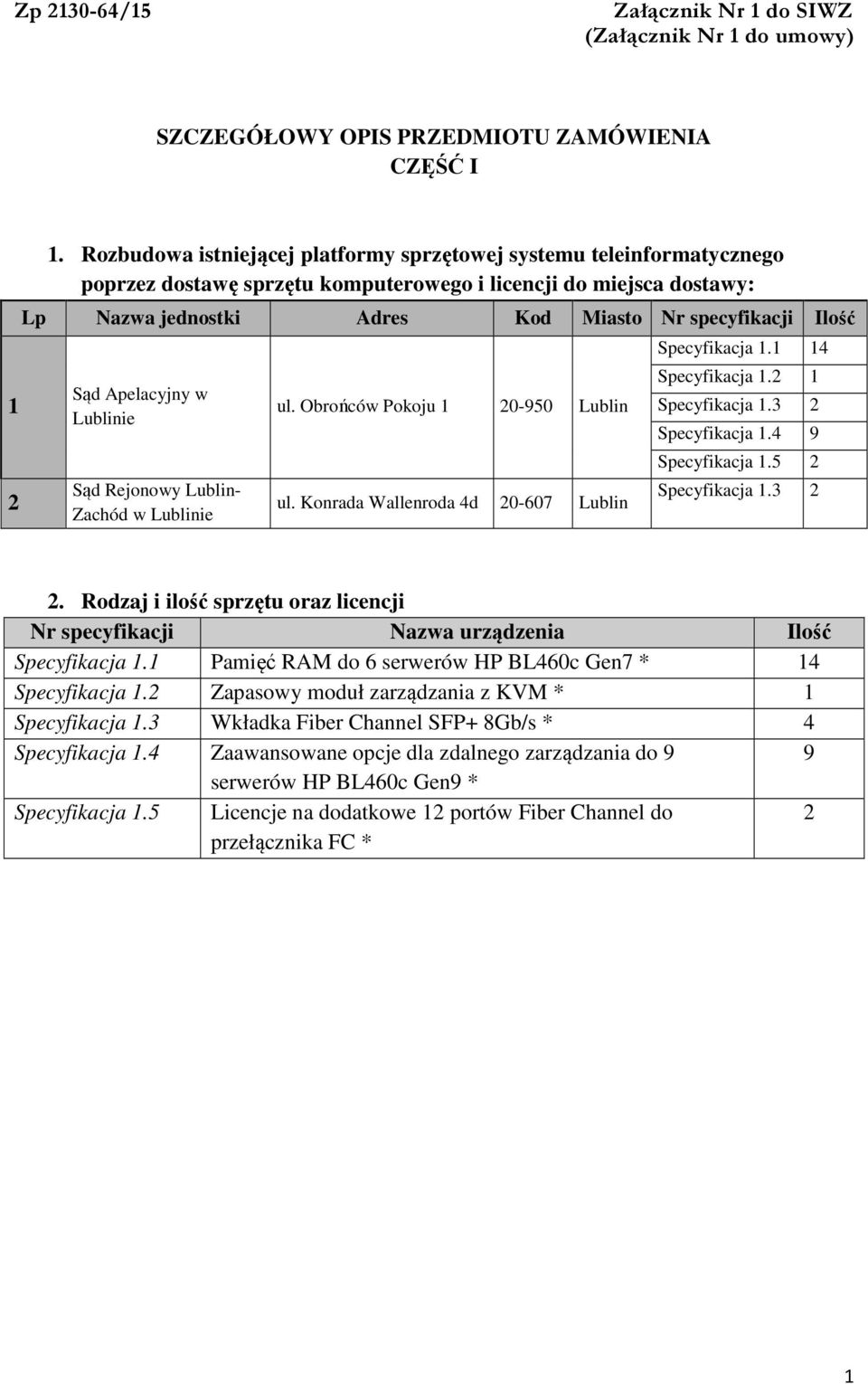 Apelacyjny w Lublinie Sąd Rejonowy Lublin- Zachód w Lublinie ul. Obrońców Pokoju 1 0-950 Lublin ul. Konrada Wallenroda 4d 0-607 Lublin Specyfikacja 1.1 14 Specyfikacja 1. 1 Specyfikacja 1.