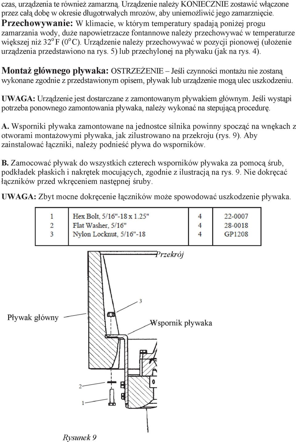 Urządzenie należy przechowywać w pozycji pionowej (ułożenie urządzenia przedstawiono na rys. 5) lub przechylonej na pływaku (jak na rys. 4).