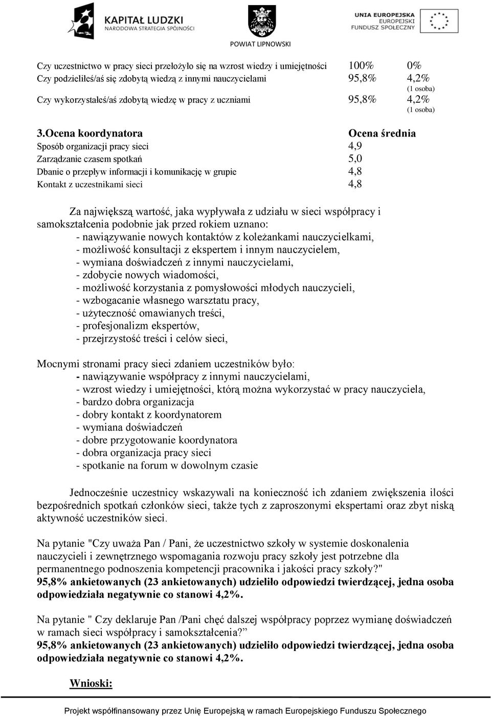 Ocena koordynatora Ocena średnia Sposób organizacji pracy sieci 4,9 Zarządzanie czasem spotkań 5,0 Dbanie o przepływ informacji i komunikację w grupie 4,8 Kontakt z uczestnikami sieci 4,8 Za