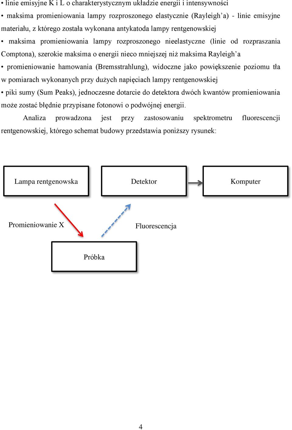 promieniowanie hamowania (Bremsstrahlung), widoczne jako powiększenie poziomu tła w pomiarach wykonanych przy dużych napięciach lampy rentgenowskiej piki sumy (Sum Peaks), jednoczesne dotarcie do