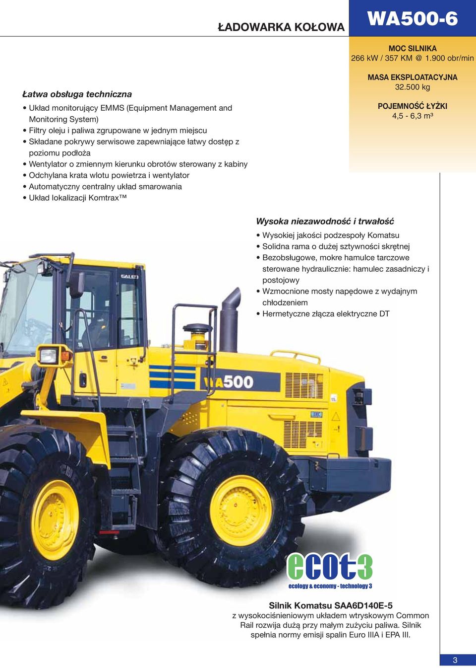 łatwy dostęp z poziomu podłoża Wentylator o zmiennym kierunku obrotów sterowany z kabiny Odchylana krata wlotu powietrza i wentylator Automatyczny centralny układ smarowania Układ lokalizacji Komtrax