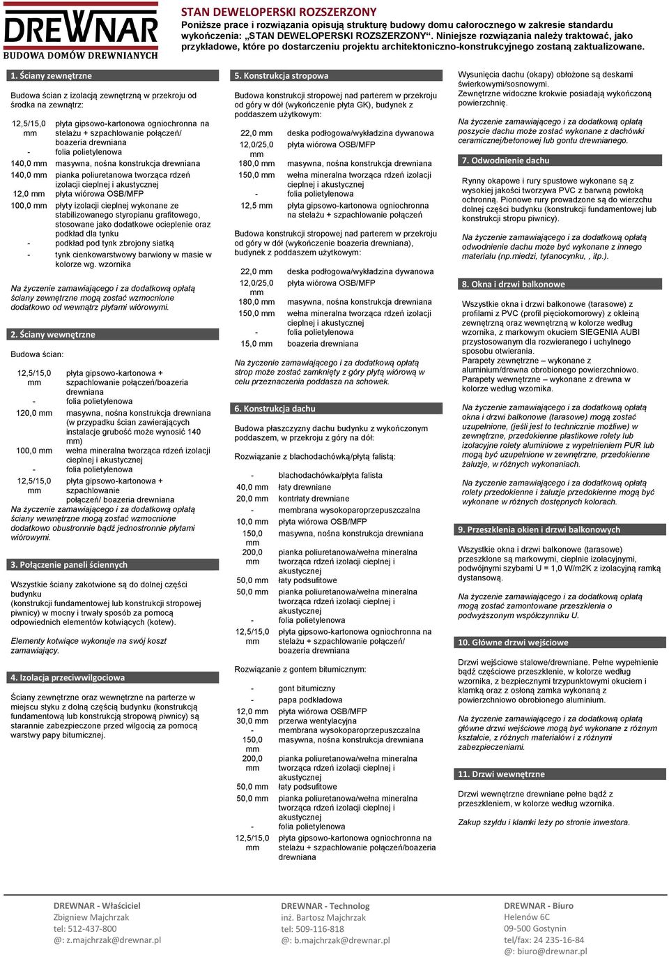 płyta gipsowo-kartonowa ogniochronna na stelażu + szpachlowanie połączeń/ boazeria drewniana 140,0 masywna, nośna konstrukcja drewniana 140,0 pianka poliuretanowa tworząca rdzeń izolacji cieplnej i