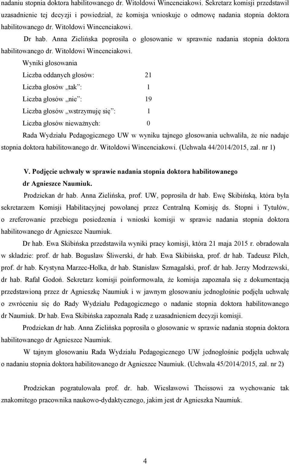 Anna Zielińska poprosiła o głosowanie w sprawnie nadania stopnia doktora habilitowanego dr. Witoldowi Wincenciakowi.