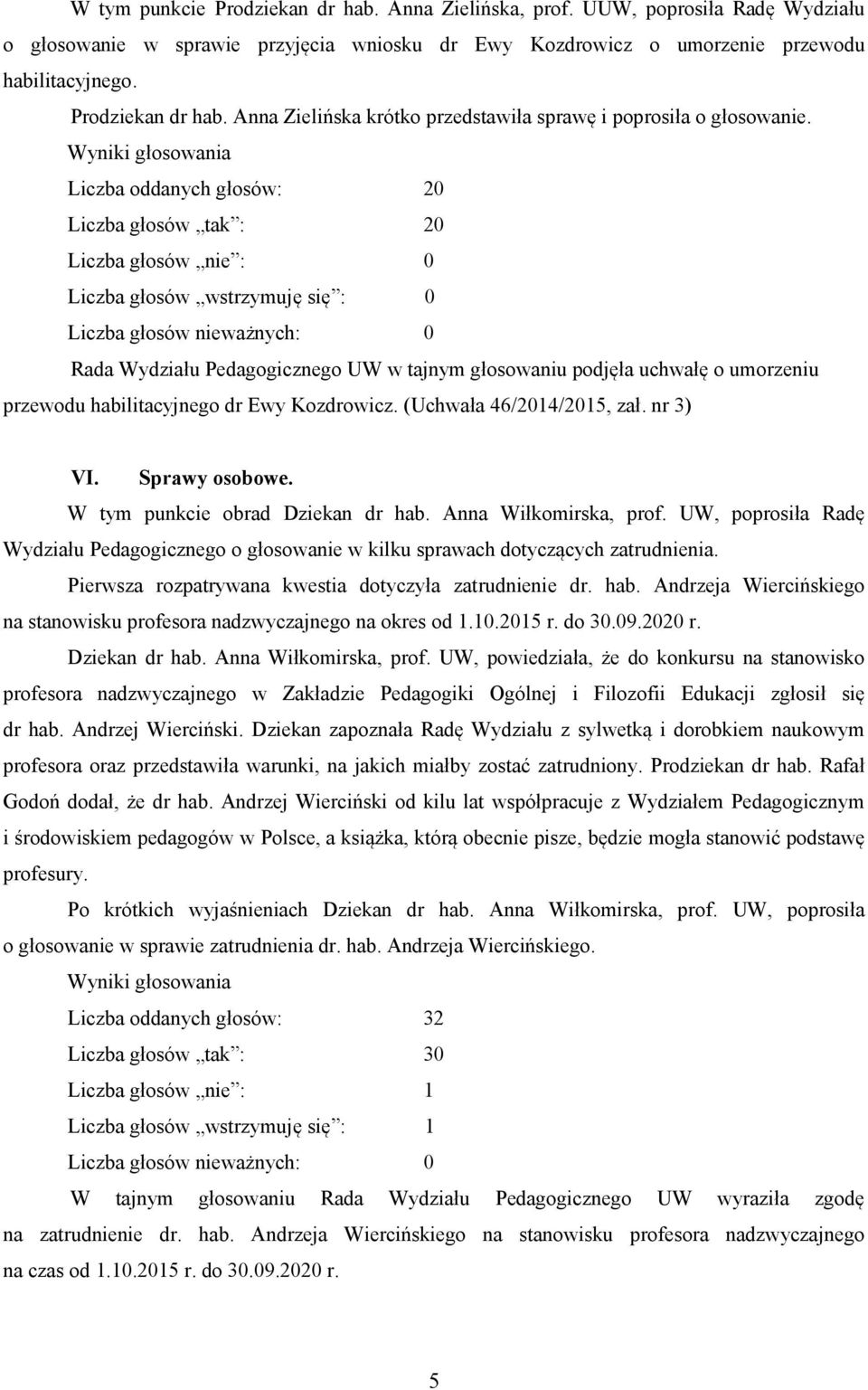 (Uchwała 46/2014/2015, zał. nr 3) VI. Sprawy osobowe. W tym punkcie obrad Dziekan dr hab. Anna Wiłkomirska, prof.