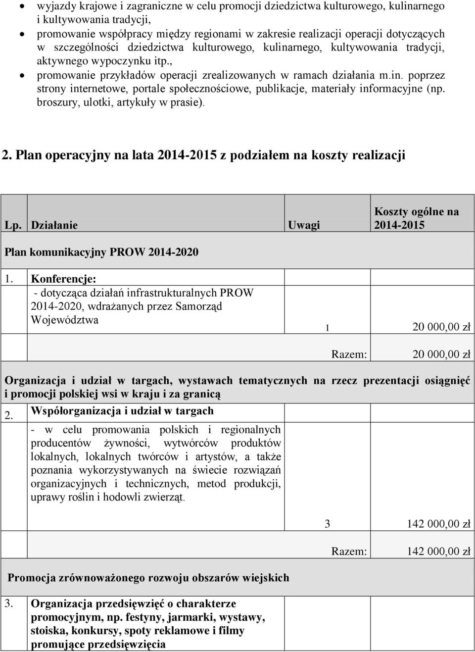 broszury, ulotki, artykuły w prasie). 2. Plan operacyjny na lata 2014-2015 z podziałem na koszty realizacji Lp. Działanie Plan komunikacyjny PROW 2014-2020 1.