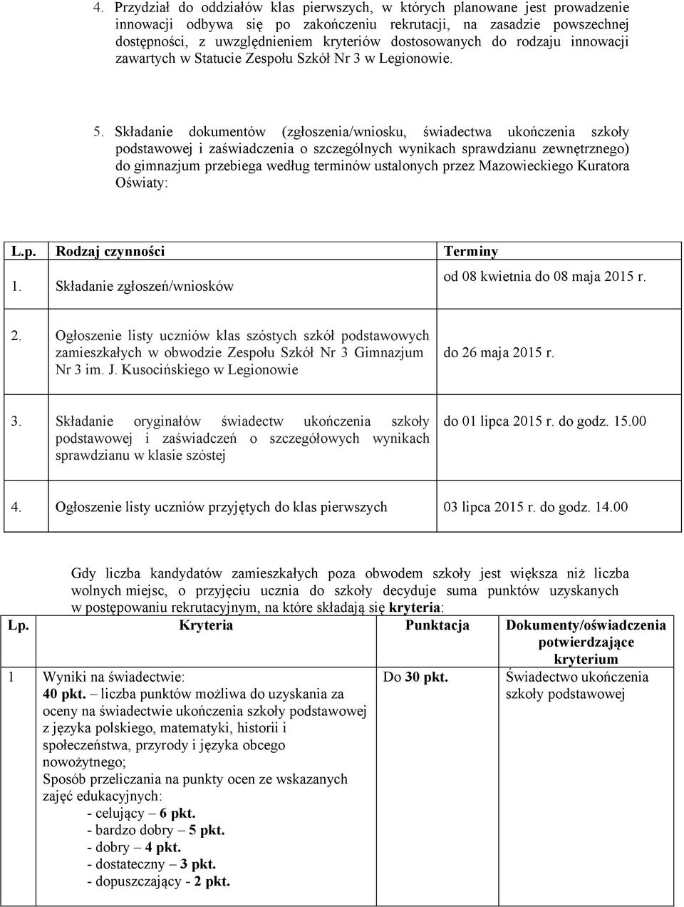 Składanie dokumentów (zgłoszenia/wniosku, świadectwa ukończenia szkoły podstawowej i zaświadczenia o szczególnych wynikach sprawdzianu zewnętrznego) do gimnazjum przebiega według terminów ustalonych