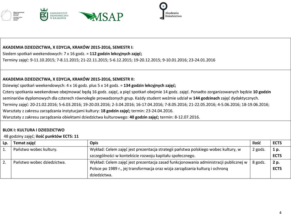 = 134 godzin lekcyjnych zajęć; Cztery spotkania weekendowe obejmować będą 16 godz. zajęć, a pięć spotkań obejmie 14 godz. zajęć. Ponadto zorganizowanych będzie 10 godzin seminariów dyplomowych dla czterech równolegle prowadzonych grup.